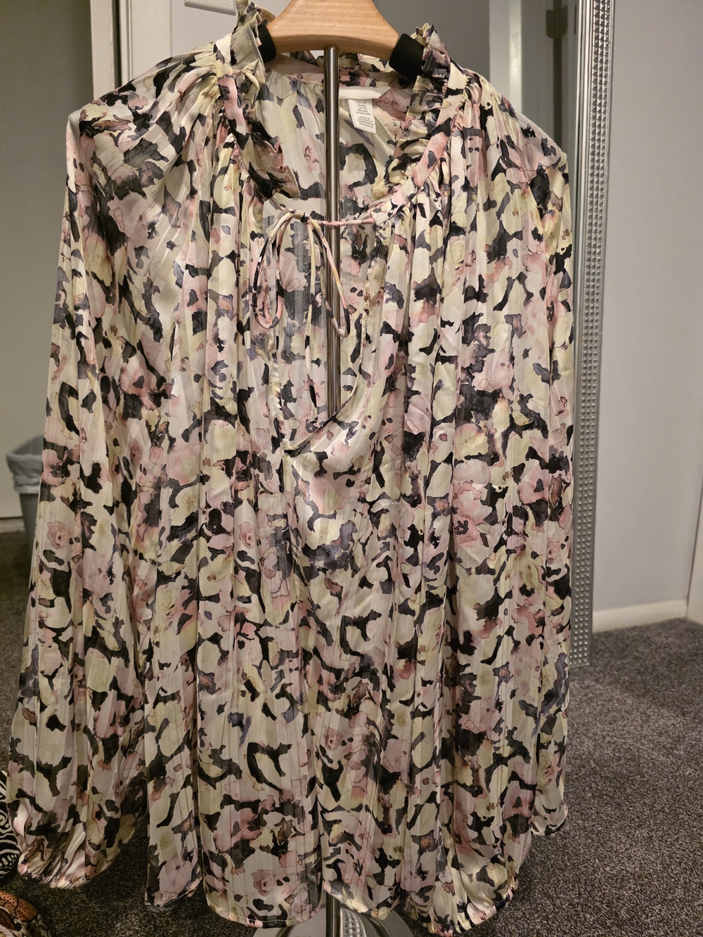 H&M Floral Sheer Tie-Neck Blouse in Pink, Black and Cream